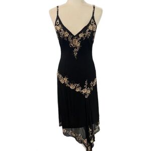 Cache 100% Silk Slip Dress Gold Floral Embroidered Y2K Vintage Asym Hem Sz 2